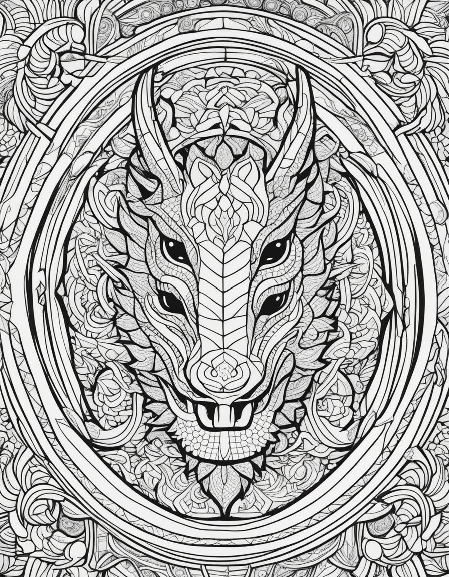 Wes Anderson-inspired adult coloring page featuring an intricate dragon with geometric patterns and symmetrical designs.