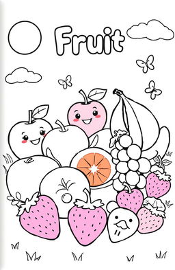 A playful fruit coloring book page featuring a variety of fruits including apples, bananas, oranges, grapes, and strawberries
