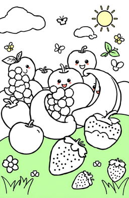 A playful fruit coloring book page featuring a variety of fruits including apples, bananas, oranges, grapes, and strawberries