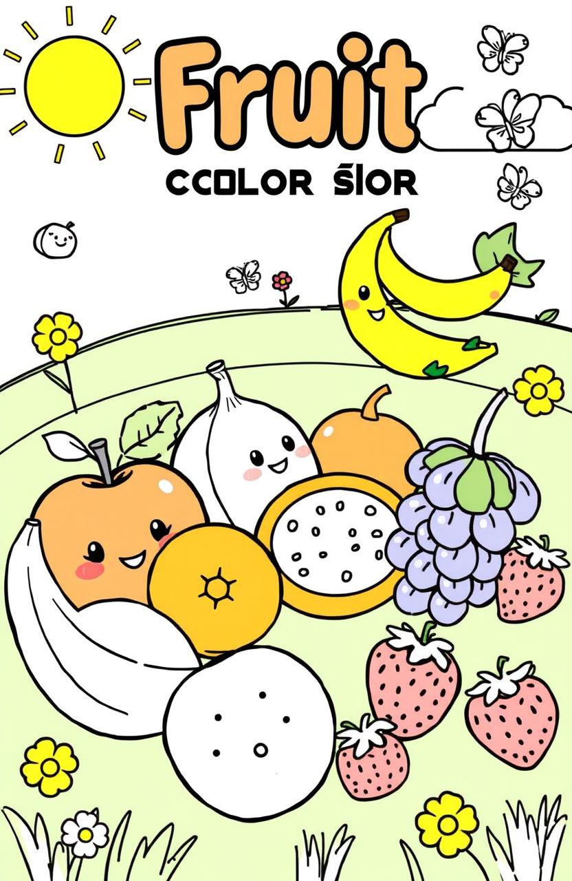 A playful fruit coloring book page featuring a variety of fruits including apples, bananas, oranges, grapes, and strawberries