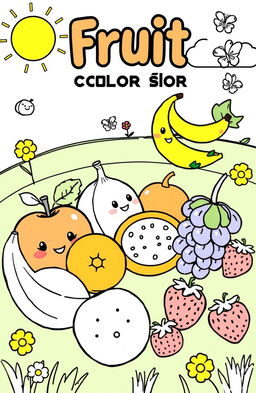 A playful fruit coloring book page featuring a variety of fruits including apples, bananas, oranges, grapes, and strawberries