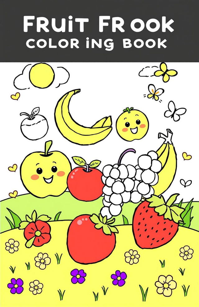 A playful fruit coloring book page featuring a variety of fruits including apples, bananas, oranges, grapes, and strawberries