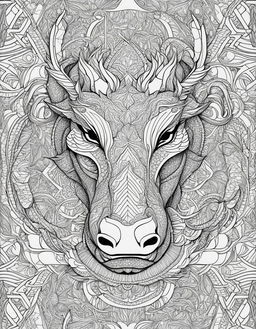 Wes Anderson-inspired adult coloring page featuring an intricate dragon with geometric patterns and symmetrical designs.