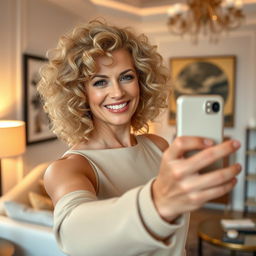 A 45-year-old blonde woman with curly hair taking a confident selfie