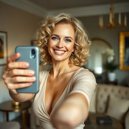 A 45-year-old blonde woman with curly hair taking a confident selfie