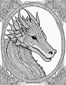 Wes Anderson-inspired adult coloring page featuring an intricate dragon with geometric patterns and symmetrical designs.