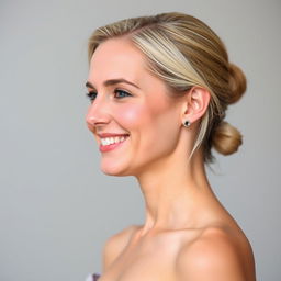A 30-year-old Italian woman with a modest appearance, smiling warmly