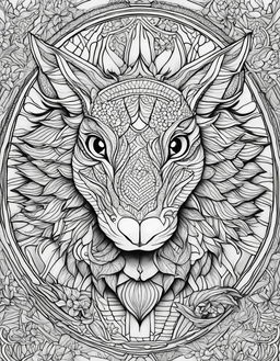 Wes Anderson-inspired adult coloring page featuring an intricate dragon with geometric patterns and symmetrical designs.