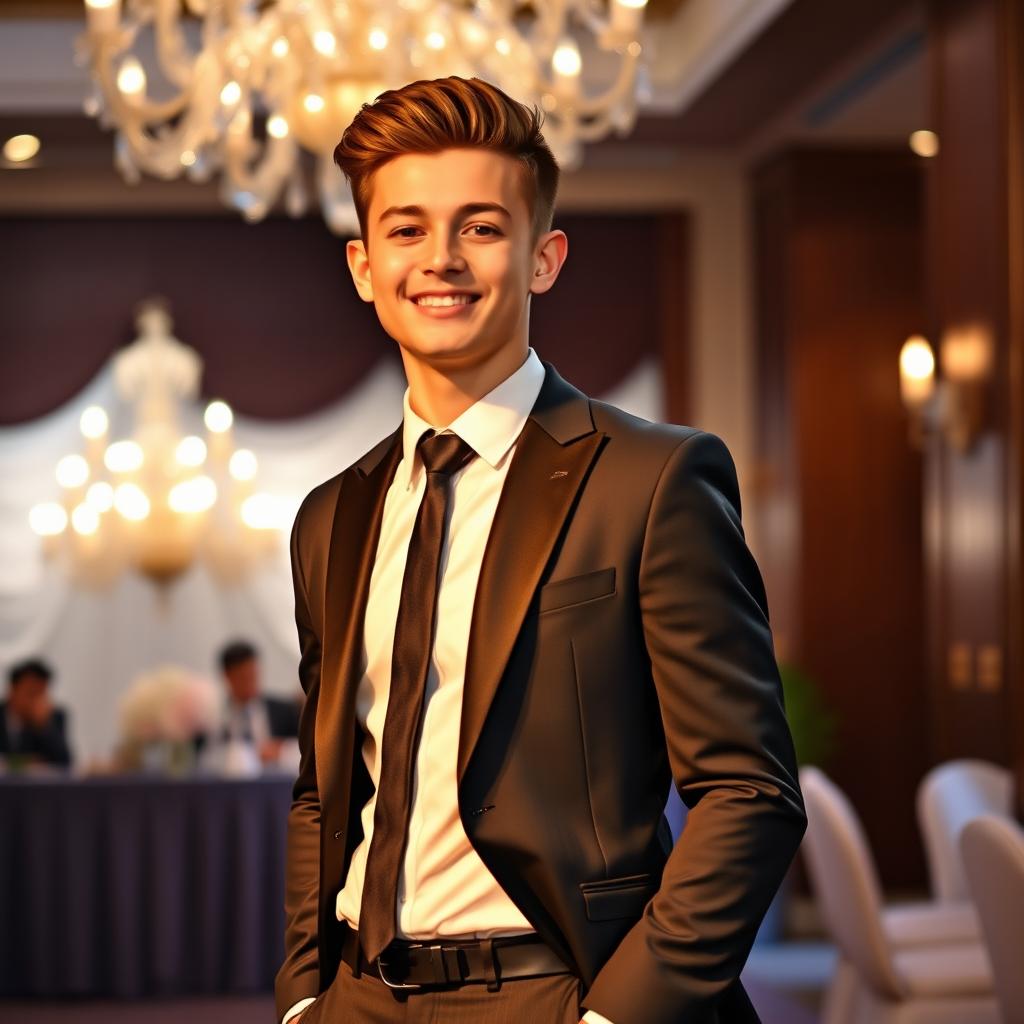 A handsome 18-year-old boy wearing a stylish formal dress