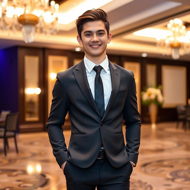 A handsome 18-year-old boy wearing a stylish formal dress