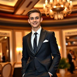A handsome 18-year-old boy wearing a stylish formal dress