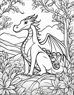 A simple children's book-style coloring page featuring a friendly dragon in a serene landscape.