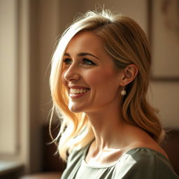 A 30-year-old Italian woman with a modest appearance, smiling