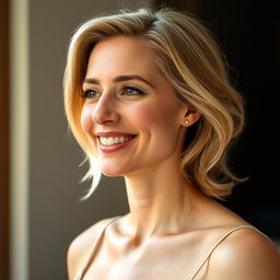 A 30-year-old Italian woman with a modest appearance, smiling