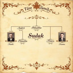 A detailed family tree for the Sudak family, showcasing six members: Andrii, Stepan, Palazhka, Petro, Pavlo, and Hanna