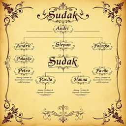 A detailed family tree for the Sudak family, showcasing six members: Andrii, Stepan, Palazhka, Petro, Pavlo, and Hanna