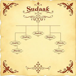 A detailed family tree for the Sudak family, showcasing six members: Andrii, Stepan, Palazhka, Petro, Pavlo, and Hanna
