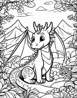 A simple children's book-style coloring page featuring a friendly dragon in a serene landscape.