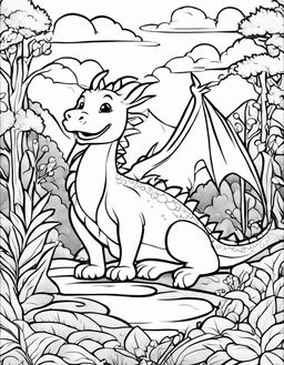 A simple children's book-style coloring page featuring a friendly dragon in a serene landscape.