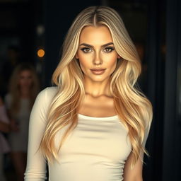 A 35-year-old European woman with long blonde hair and captivating dark eyes, elegantly styled in a fashionable outfit that accentuates her beautiful curves