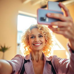 A 45-year-old blonde woman with curly hair confidently taking a selfie