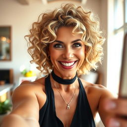 A 45-year-old blonde woman with curly hair confidently taking a selfie