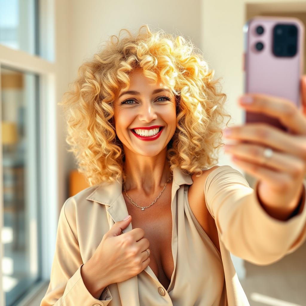 A 45-year-old blonde woman with curly hair confidently taking a selfie