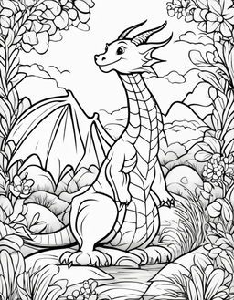 A simple children's book-style coloring page featuring a friendly dragon in a serene landscape.