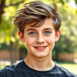 A portrait of a 16-year-old boy with striking features, showcasing a handsome, youthful face with a confident smile