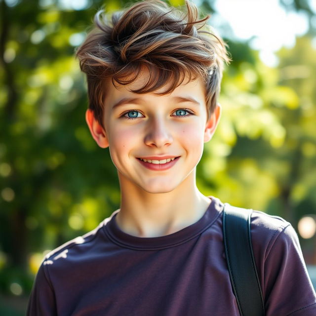 A portrait of a 16-year-old boy with striking features, showcasing a handsome, youthful face with a confident smile