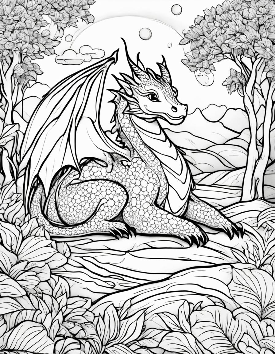 A children's coloring page featuring a sleeping dragon in a peaceful landscape.