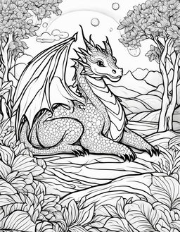 A children's coloring page featuring a sleeping dragon in a peaceful landscape.