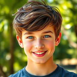 A portrait of a 16-year-old boy with striking features, showcasing a handsome, youthful face with a confident smile