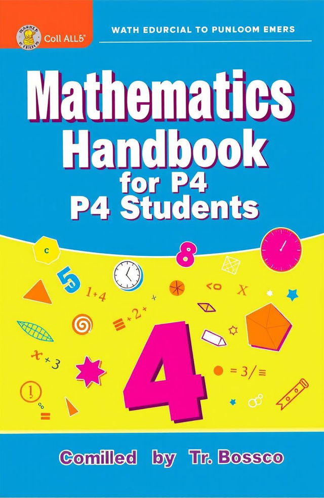 An educational handbook cover for mathematics aimed at primary 4 students, featuring a bright and engaging design