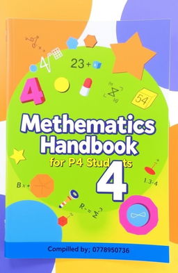 An educational handbook cover for mathematics aimed at primary 4 students, featuring a bright and engaging design