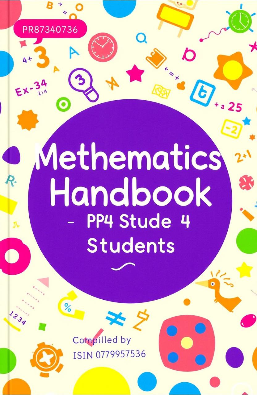 An educational handbook cover for mathematics aimed at primary 4 students, featuring a bright and engaging design