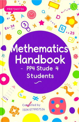 An educational handbook cover for mathematics aimed at primary 4 students, featuring a bright and engaging design