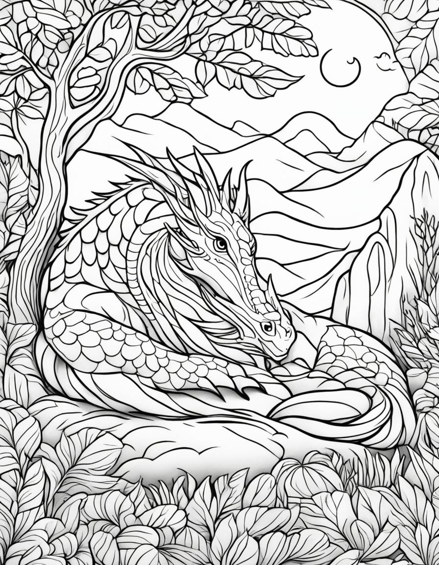 A children's coloring page featuring a sleeping dragon in a peaceful landscape.