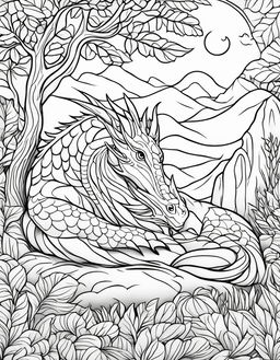 A children's coloring page featuring a sleeping dragon in a peaceful landscape.