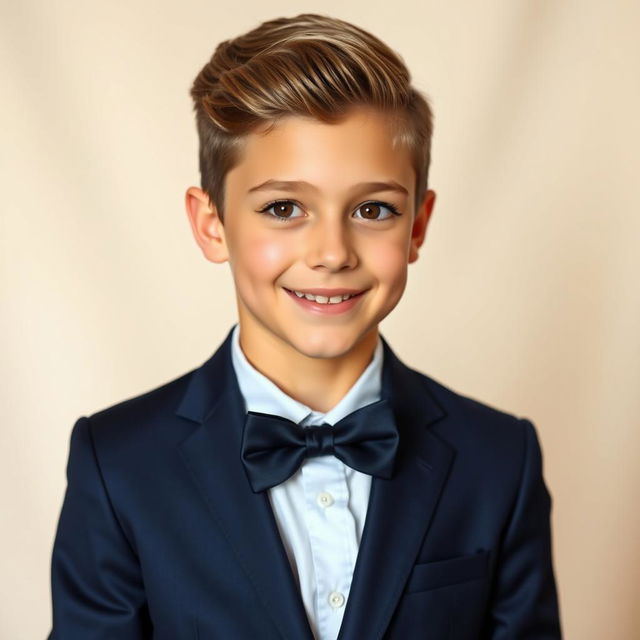 A handsome 16-year-old boy with a charming smile and sparkling brown eyes, wearing a stylish formal outfit that includes a sharp tailored navy blue suit and a crisp white dress shirt with a neatly tied bow tie