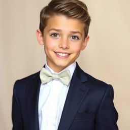 A handsome 16-year-old boy with a charming smile and sparkling brown eyes, wearing a stylish formal outfit that includes a sharp tailored navy blue suit and a crisp white dress shirt with a neatly tied bow tie