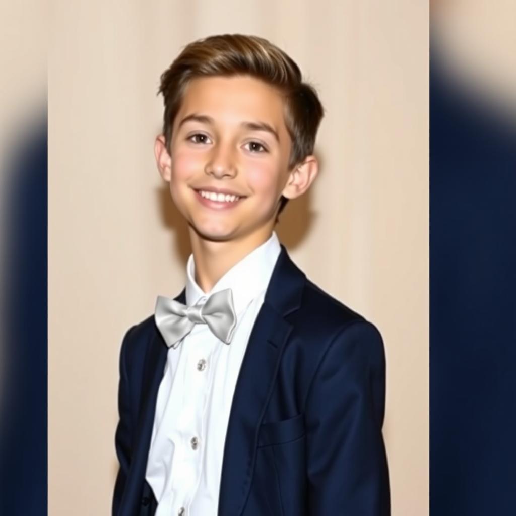 A handsome 16-year-old boy with a charming smile and sparkling brown eyes, wearing a stylish formal outfit that includes a sharp tailored navy blue suit and a crisp white dress shirt with a neatly tied bow tie