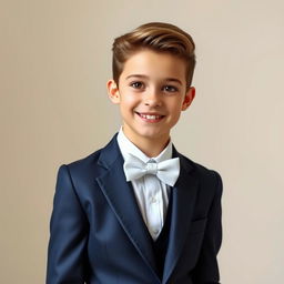 A handsome 16-year-old boy with a charming smile and sparkling brown eyes, wearing a stylish formal outfit that includes a sharp tailored navy blue suit and a crisp white dress shirt with a neatly tied bow tie