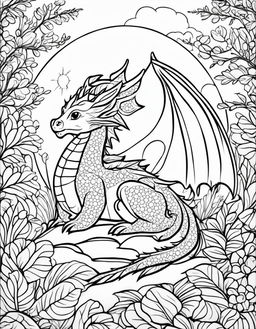 A children's coloring page featuring a sleeping dragon in a peaceful landscape.