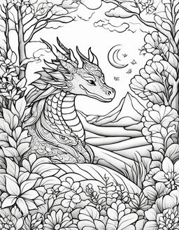 A children's coloring page featuring a sleeping dragon in a peaceful landscape.