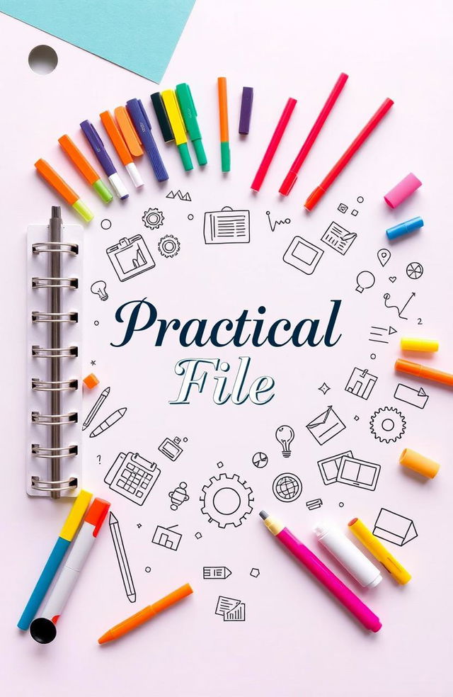 A visually captivating practical file cover design featuring an organized layout of various colored tabs, markers, and stationery items artistically arranged