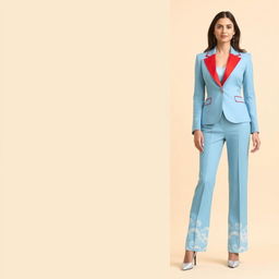 A woman’s outfit featuring a sky blue suit with long pants, elegantly adorned with wave embroidery along the edges of the trousers
