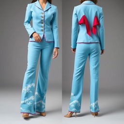 A woman’s outfit featuring a sky blue suit with long pants, elegantly adorned with wave embroidery along the edges of the trousers