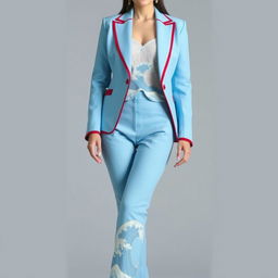 A woman’s outfit featuring a sky blue suit with long pants, elegantly adorned with wave embroidery along the edges of the trousers