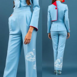 A woman’s outfit featuring a sky blue suit with long pants, elegantly adorned with wave embroidery along the edges of the trousers